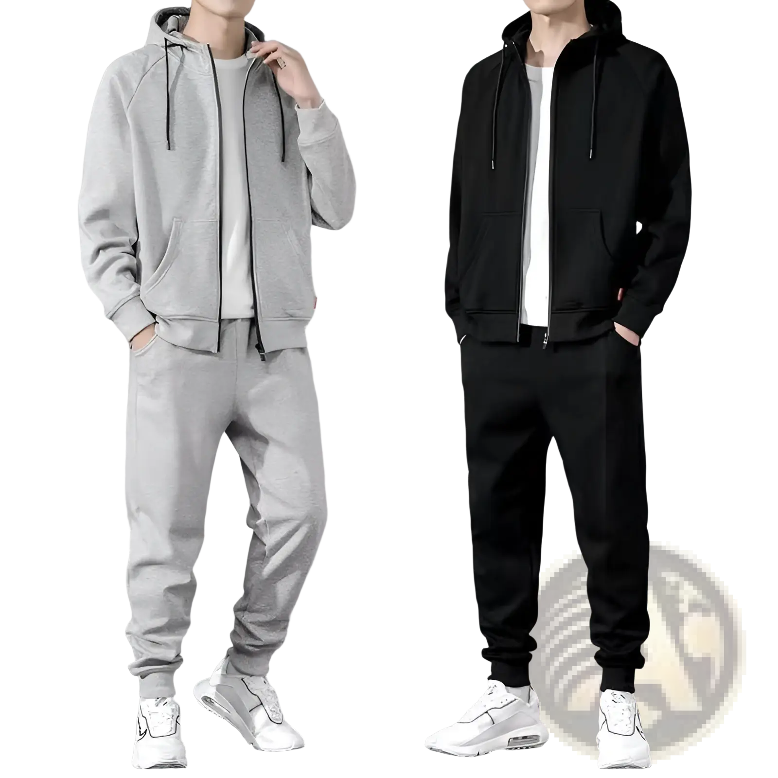 Mens zip up hoodie and jogger sweatsuit set in gray and black featuring soft fabric for casual and athletic use