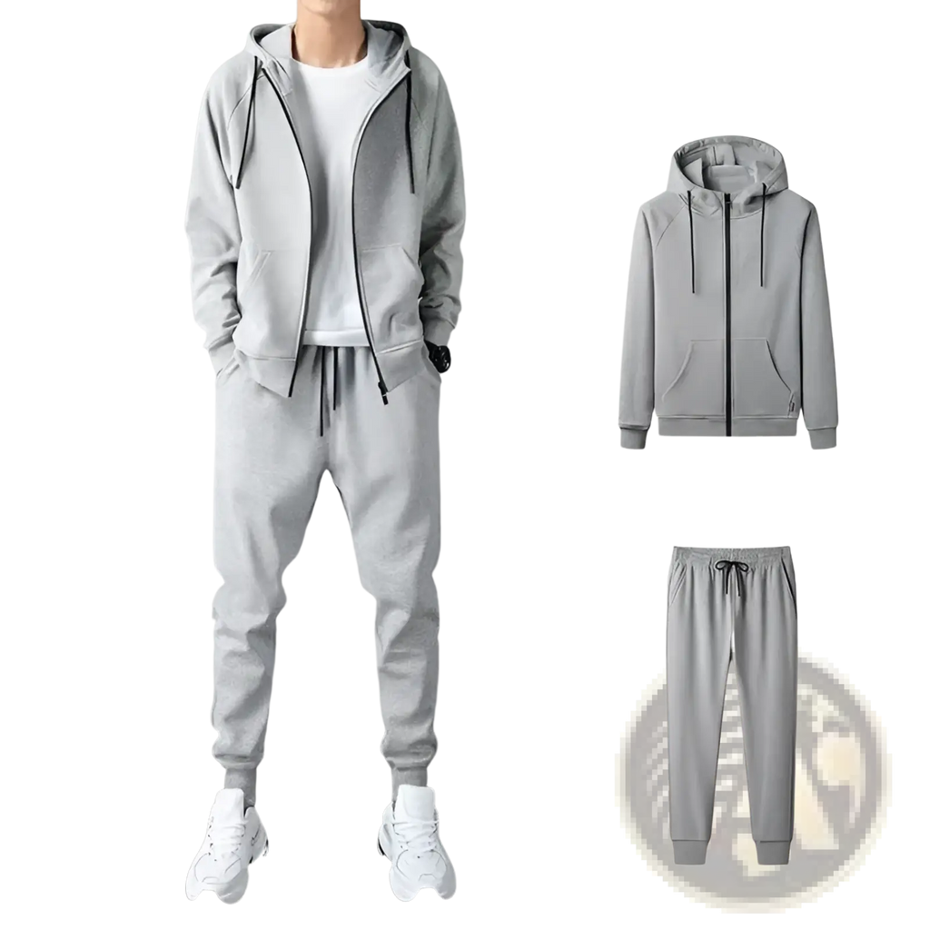 Mens gray zip up hoodie and jogger sweatsuit set made of casual comfortable fabric for everyday wear