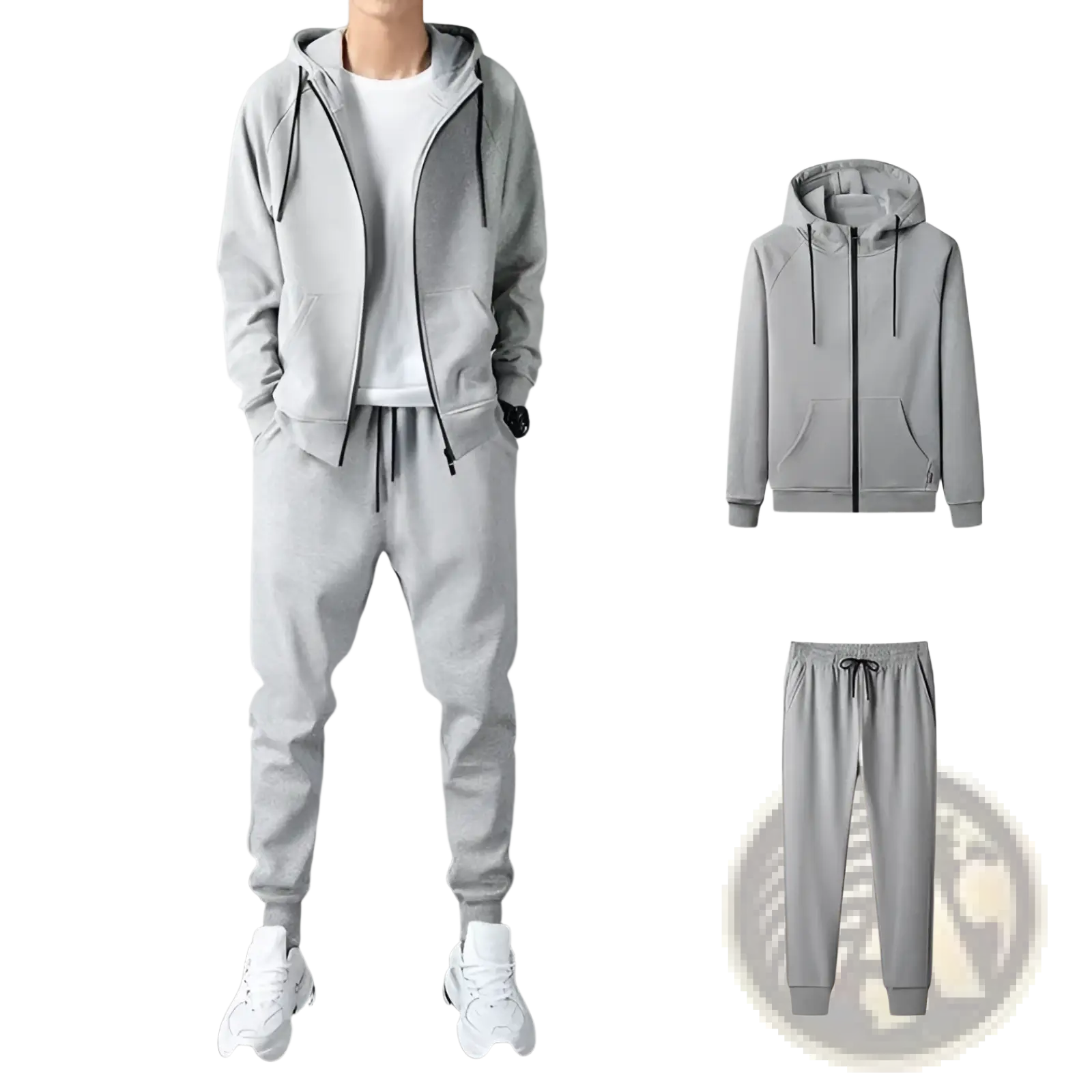 Mens gray zip up hoodie and jogger sweatsuit set made of casual comfortable fabric for everyday wear