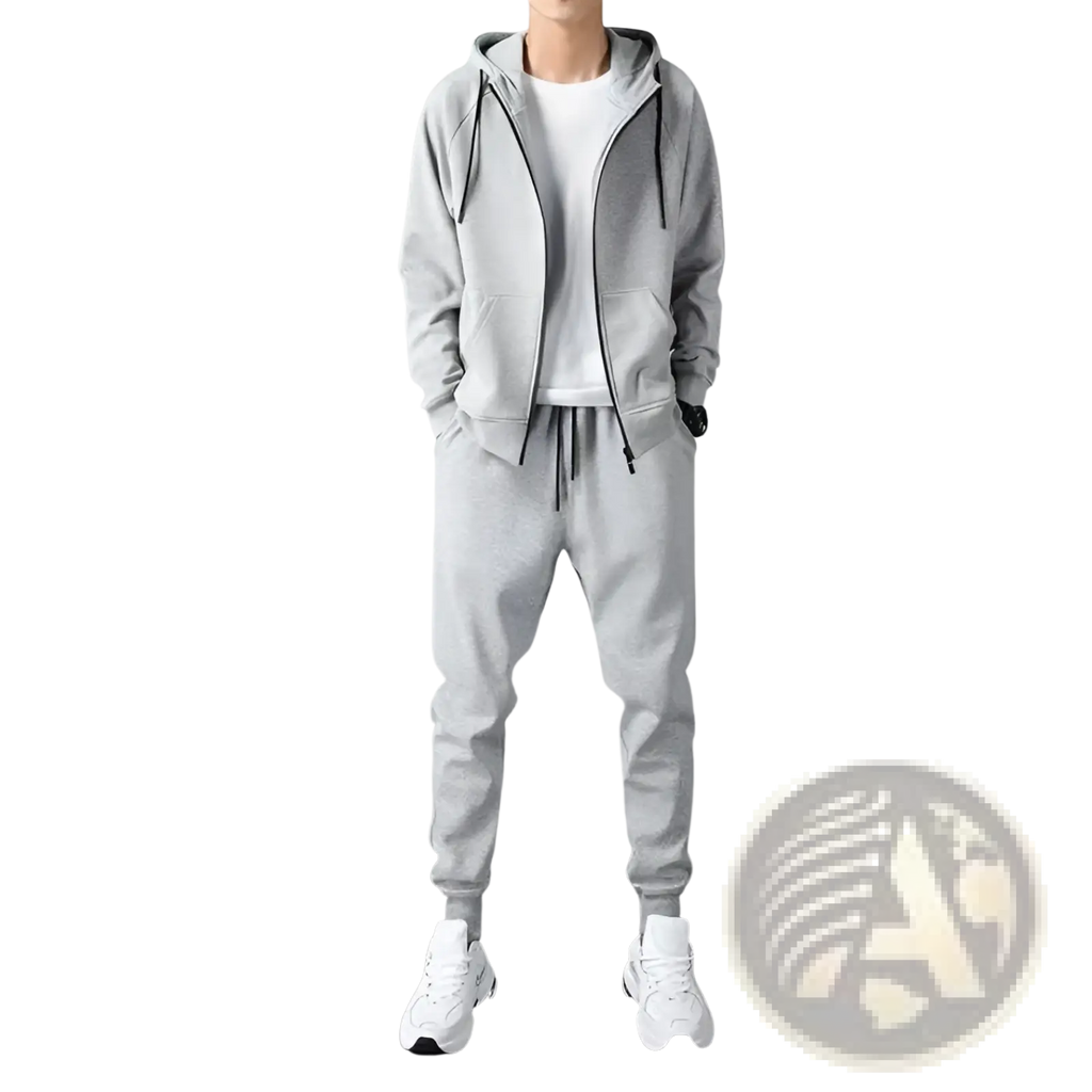 Mens zip up hoodie and jogger sweatsuit set in gray soft fleece with black drawstrings showing front view