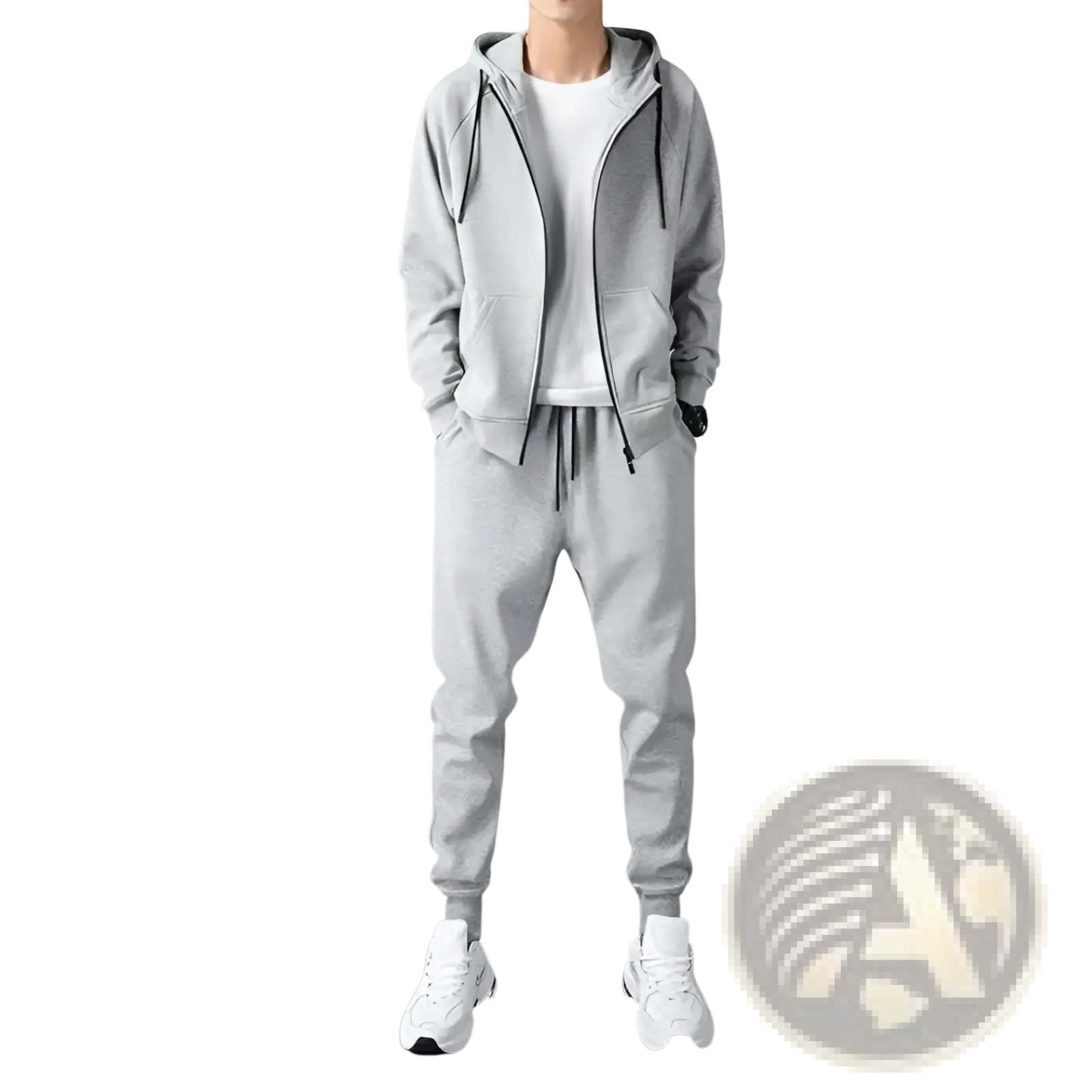 Mens zip up hoodie and jogger sweatsuit set in gray soft fleece with black drawstrings showing front view