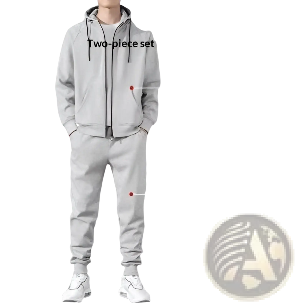 Gray two-piece mens zip up hoodie and jogger sweatsuit set made of soft fabric for casual and athletic wear