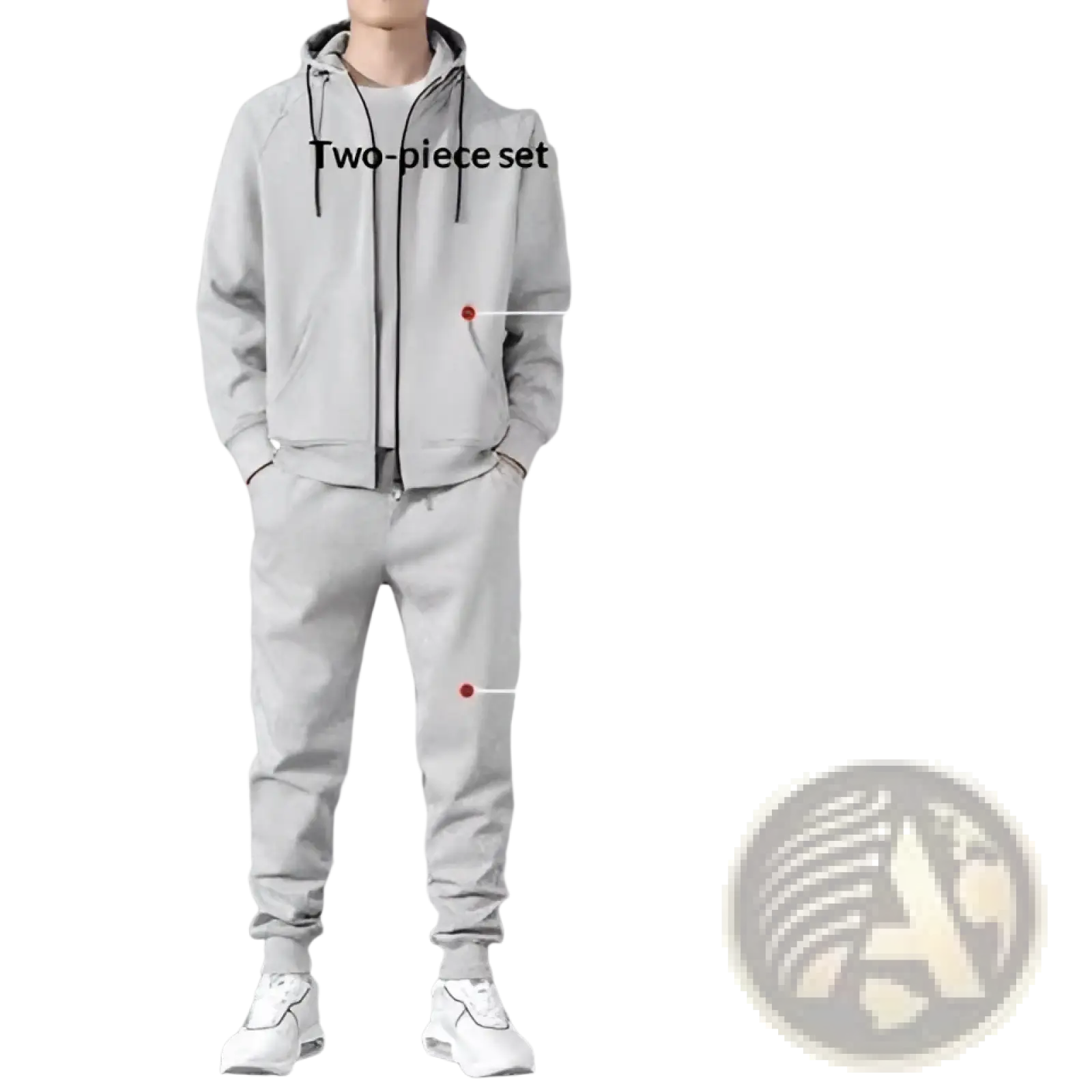 Gray two-piece mens zip up hoodie and jogger sweatsuit set made of soft fabric for casual and athletic wear