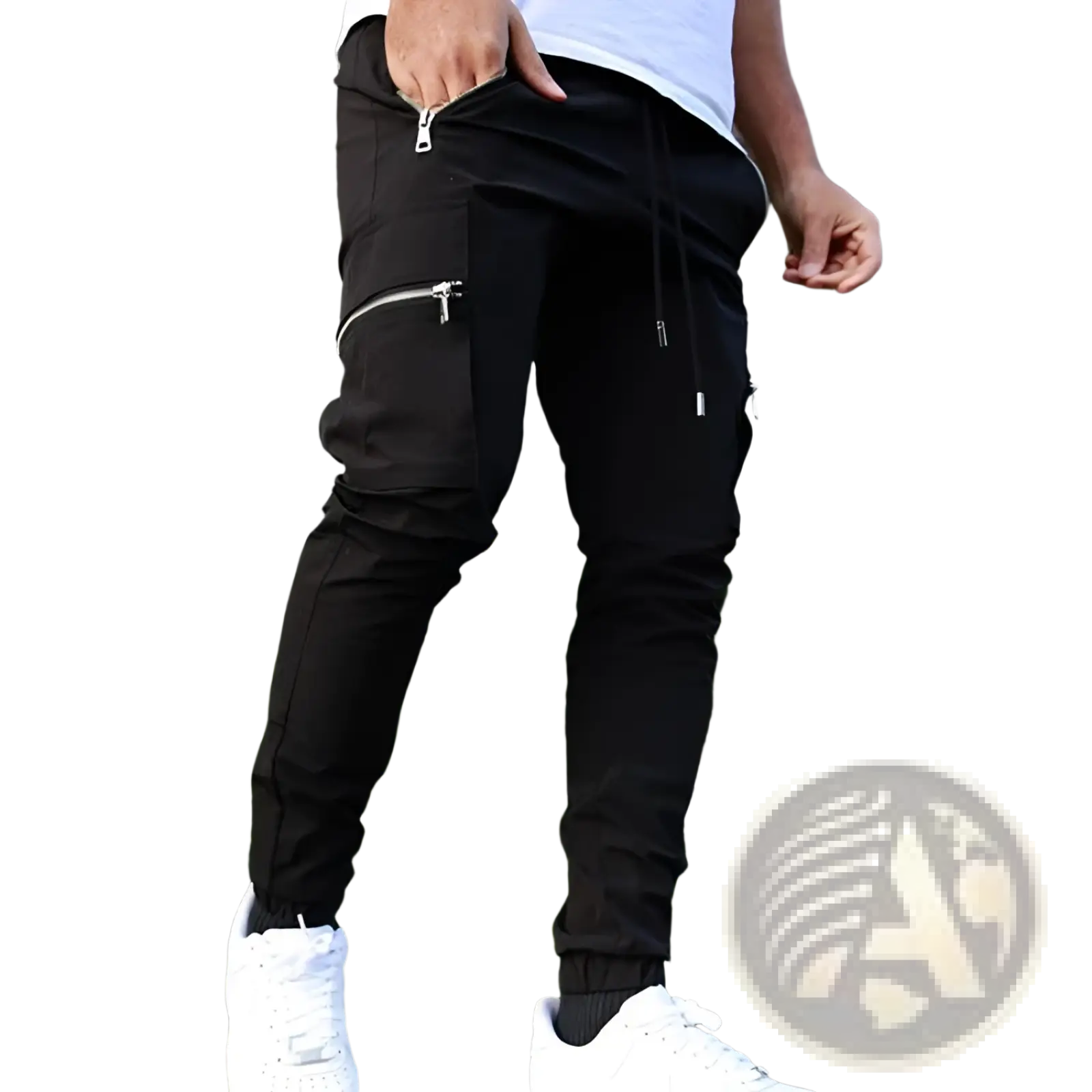 Men’s black cargo joggers with zipper pockets and drawstring waistband for casual wear