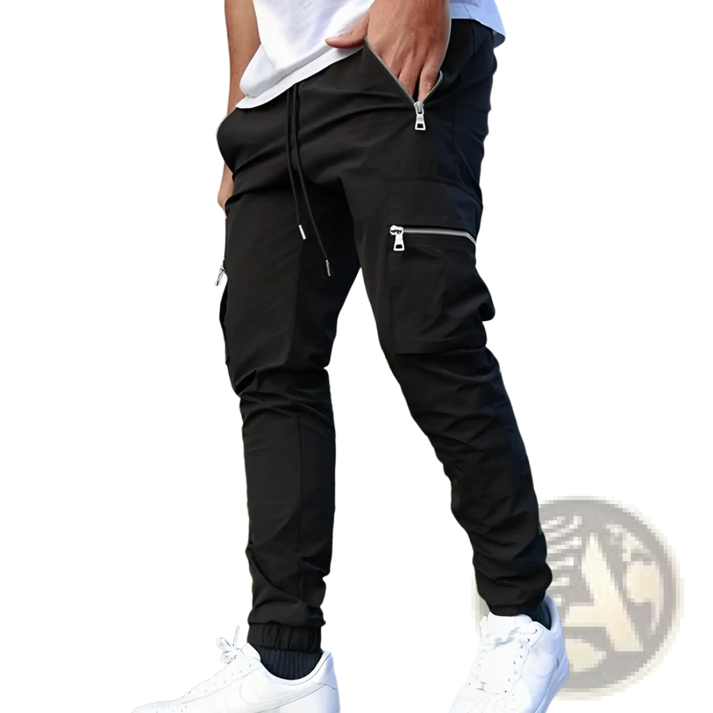 Men’s black zipper cargo joggers casual pants featuring multiple zippered pockets and a drawstring waistband