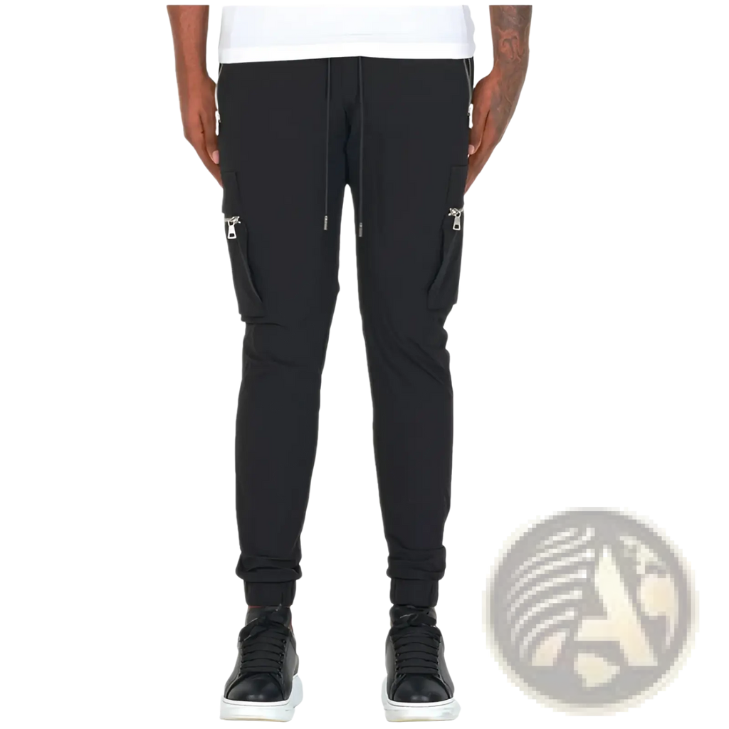 Men’s black zipper cargo joggers with silver zippers and drawstring waistband casual pants for everyday wear