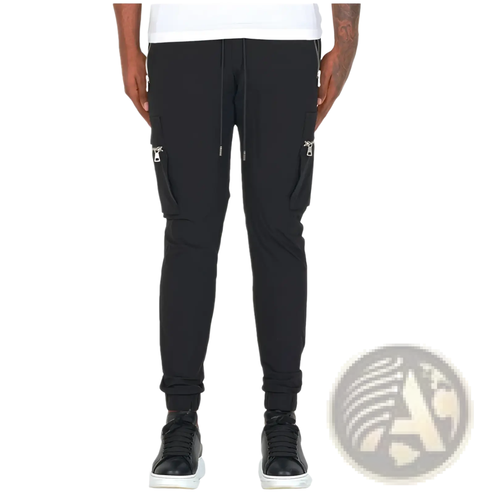 Men’s black zipper cargo joggers with silver zippers and drawstring waistband casual pants for everyday wear