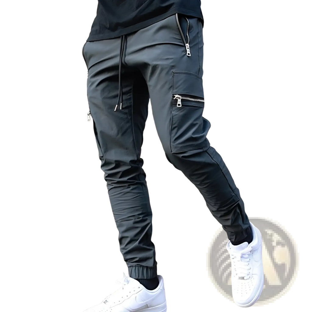 Men’s dark gray zipper cargo joggers with zippered pockets and drawstring waistband for casual wear