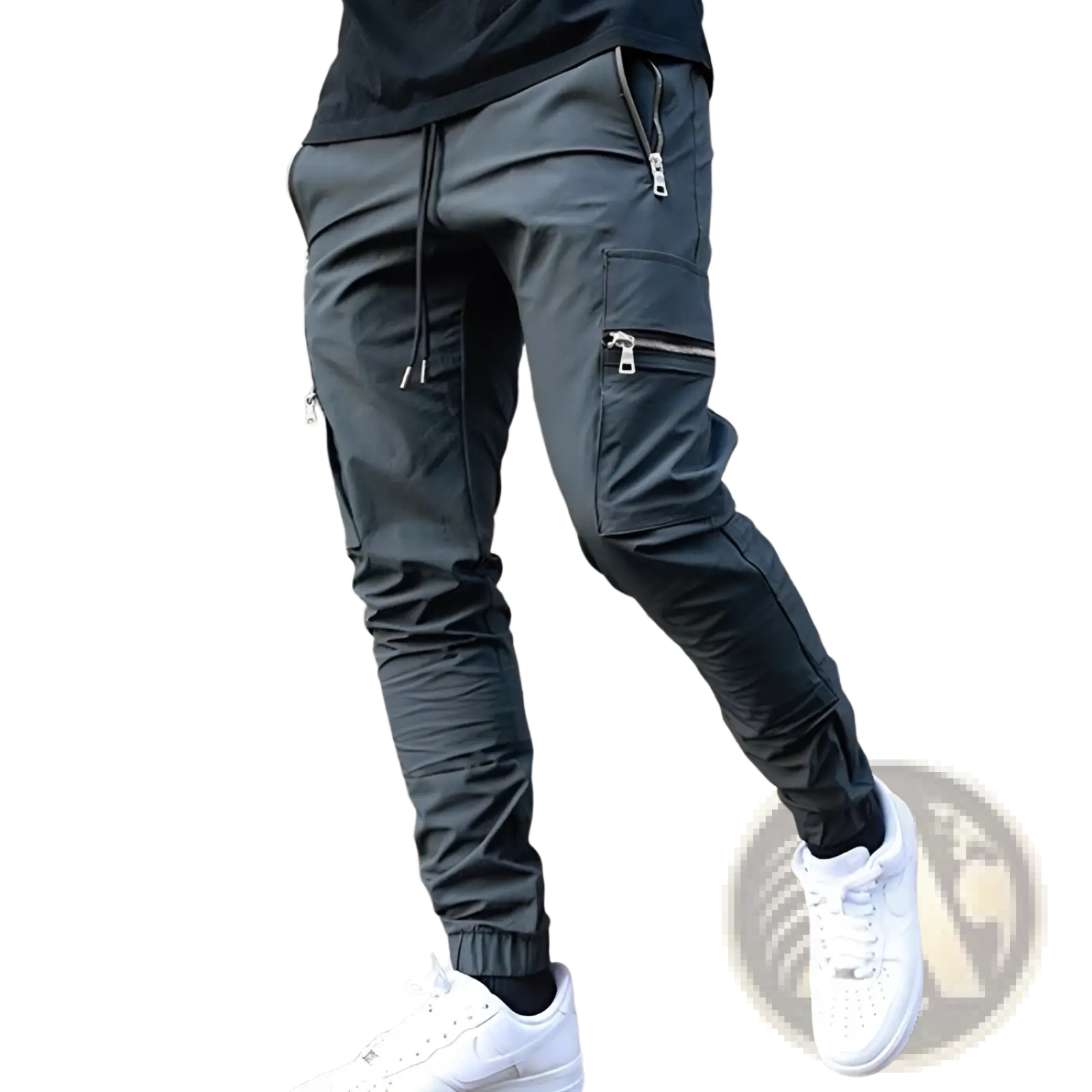 Men’s dark gray zipper cargo joggers with zippered pockets and drawstring waistband for casual wear