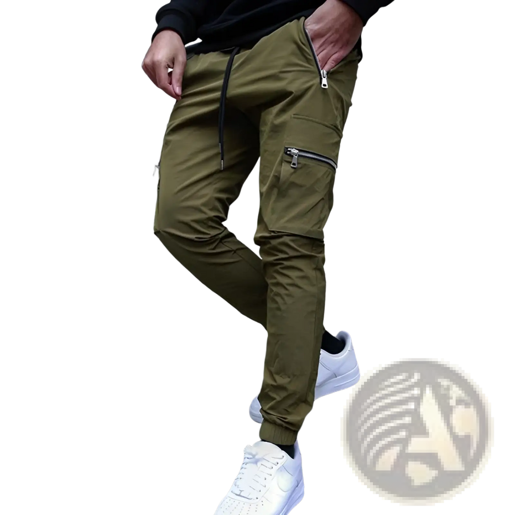 Men’s olive green zipper cargo joggers with multiple zippered pockets and a drawstring waistband for casual wear
