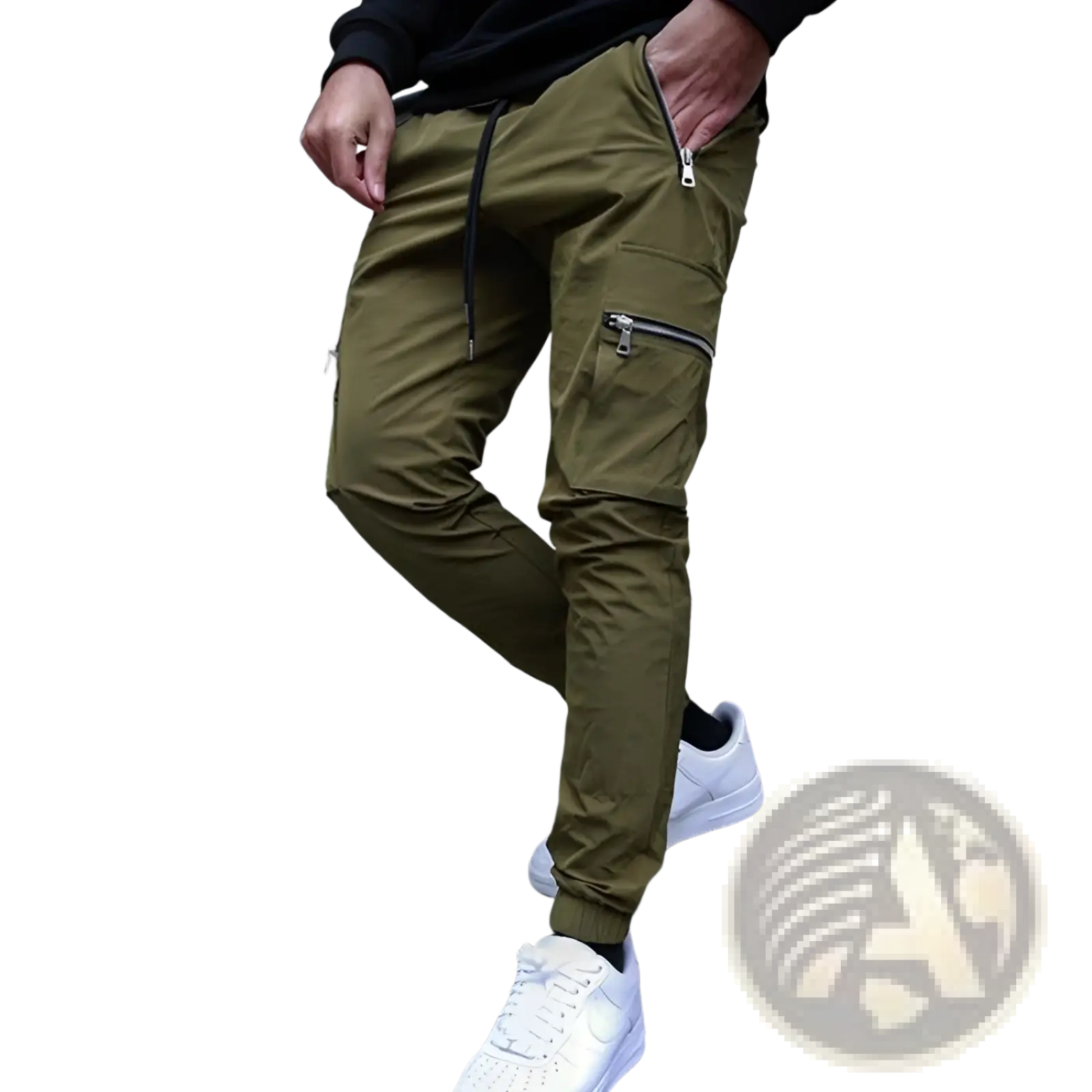 Men’s olive green zipper cargo joggers with multiple zippered pockets and a drawstring waistband for casual wear