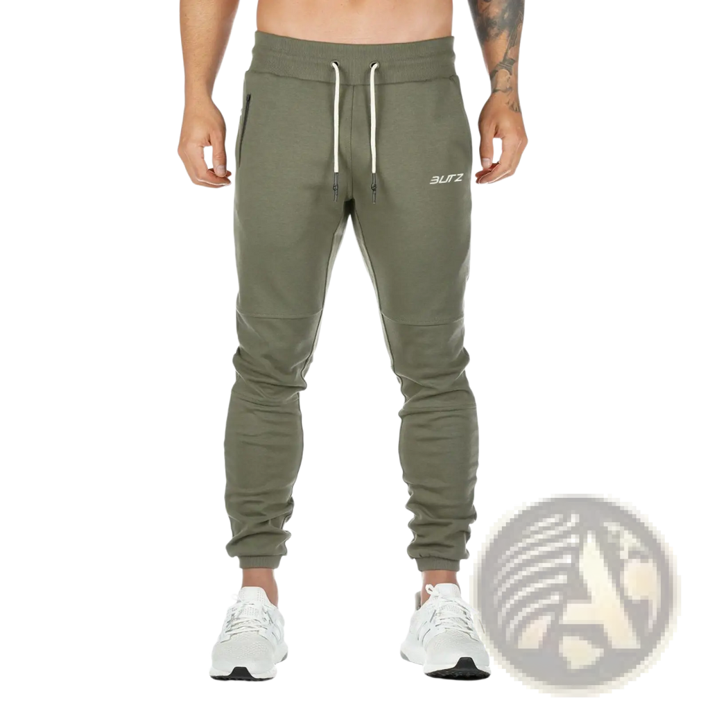 Men’s olive green zipper cargo joggers with white drawstrings and subtle 3urz logo for fitness and casual wear