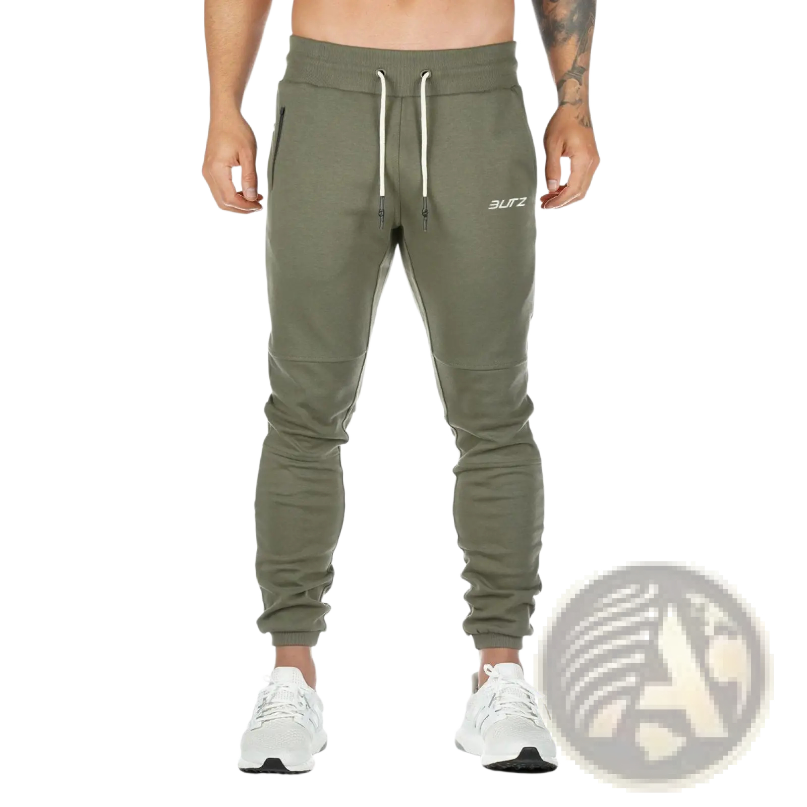 Men’s olive green zipper cargo joggers with white drawstrings and subtle 3urz logo for fitness and casual wear