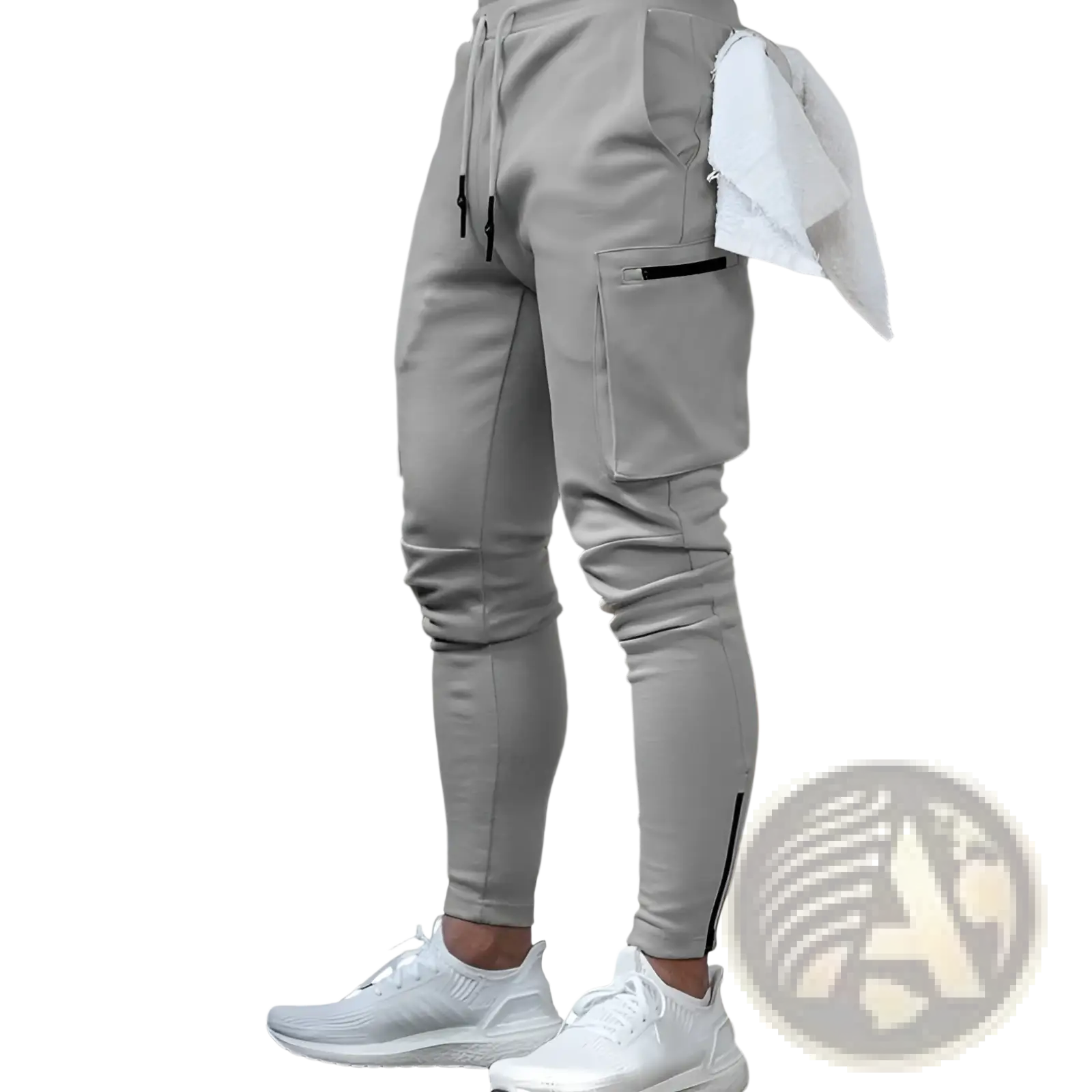 Men’s zipper cargo joggers in gray with black drawstrings side stripes and thigh cargo pocket for fitness use
