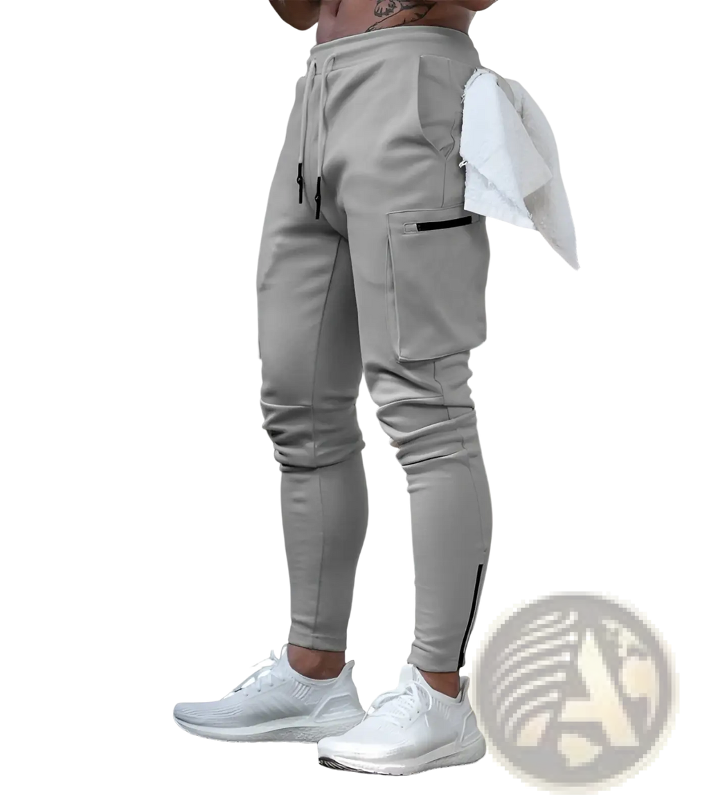 Men’s gray zipper cargo joggers with black drawstrings and side stripes featuring a modern slim-fit design