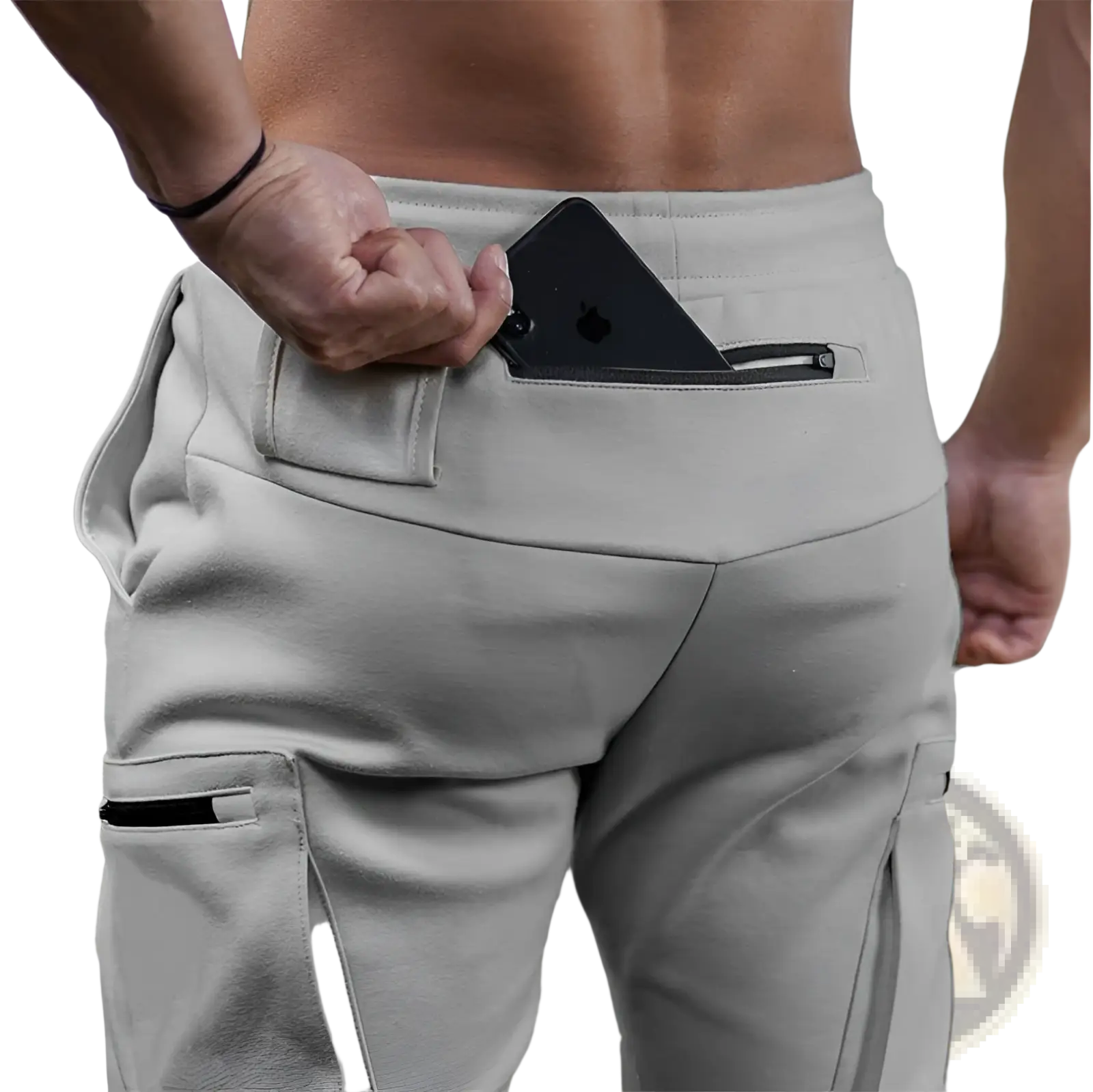 Men’s light gray zipper cargo joggers with black zipper pockets and sleek athletic design for fitness wear