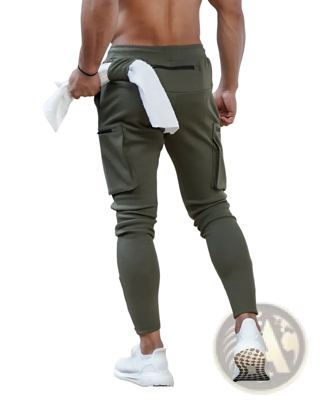 Men’s olive green zipper cargo joggers with multiple pockets and a white towel in the back pocket shown from the back