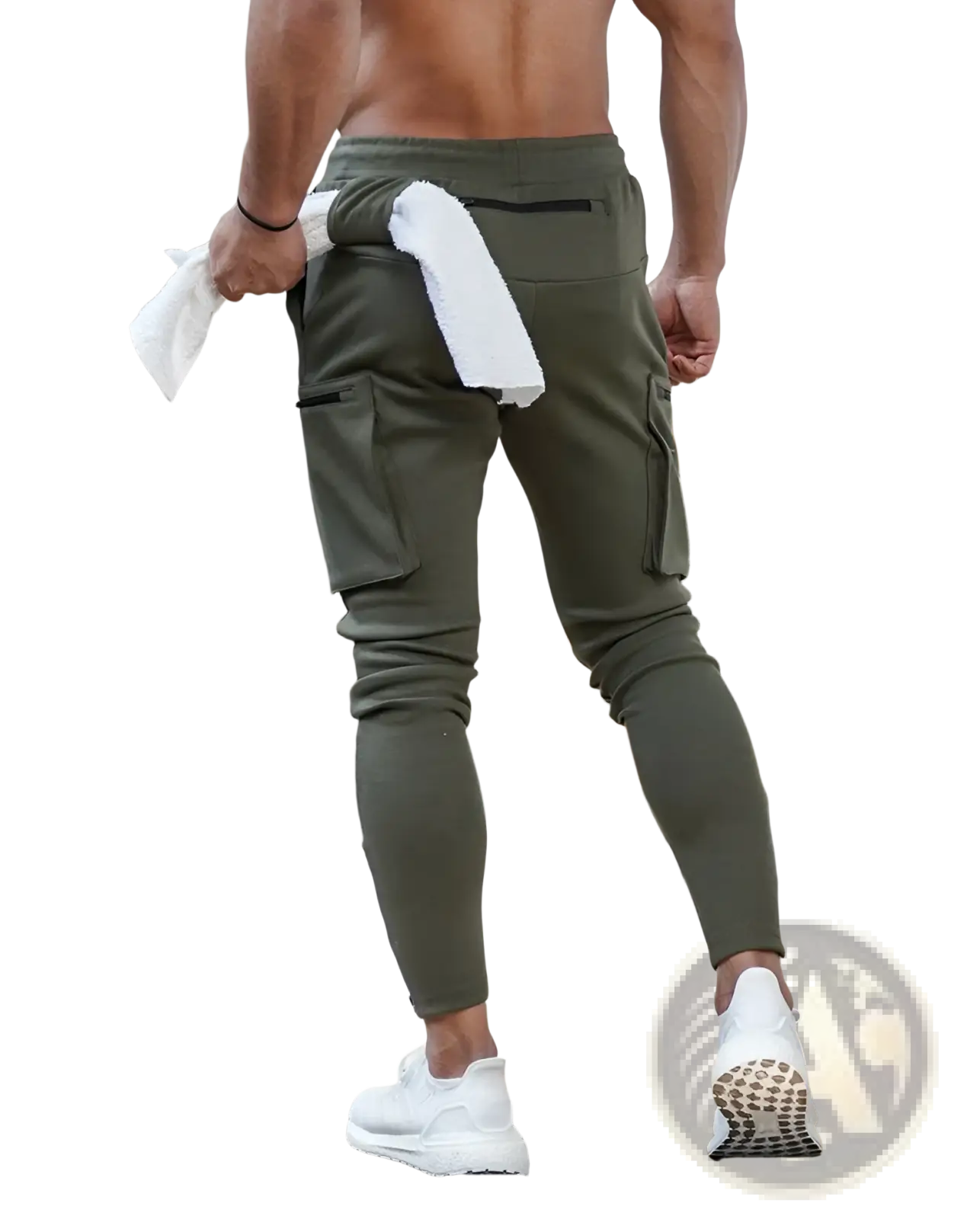 Men’s olive green zipper cargo joggers with multiple pockets and a white towel in the back pocket shown from the back