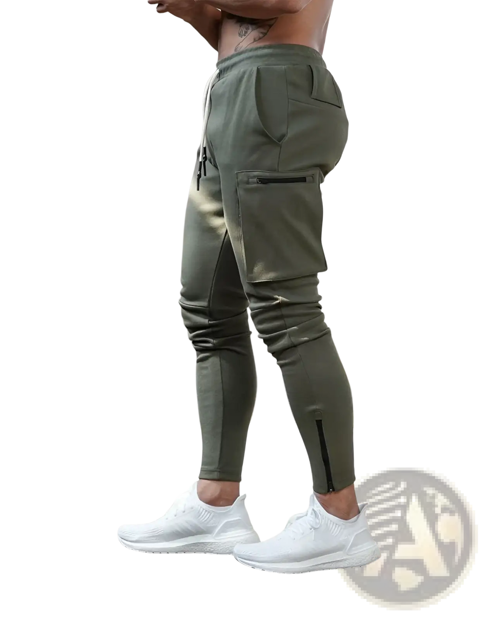 Men’s olive green cargo joggers with zippered pockets and drawstring waistband for fitness and casual wear