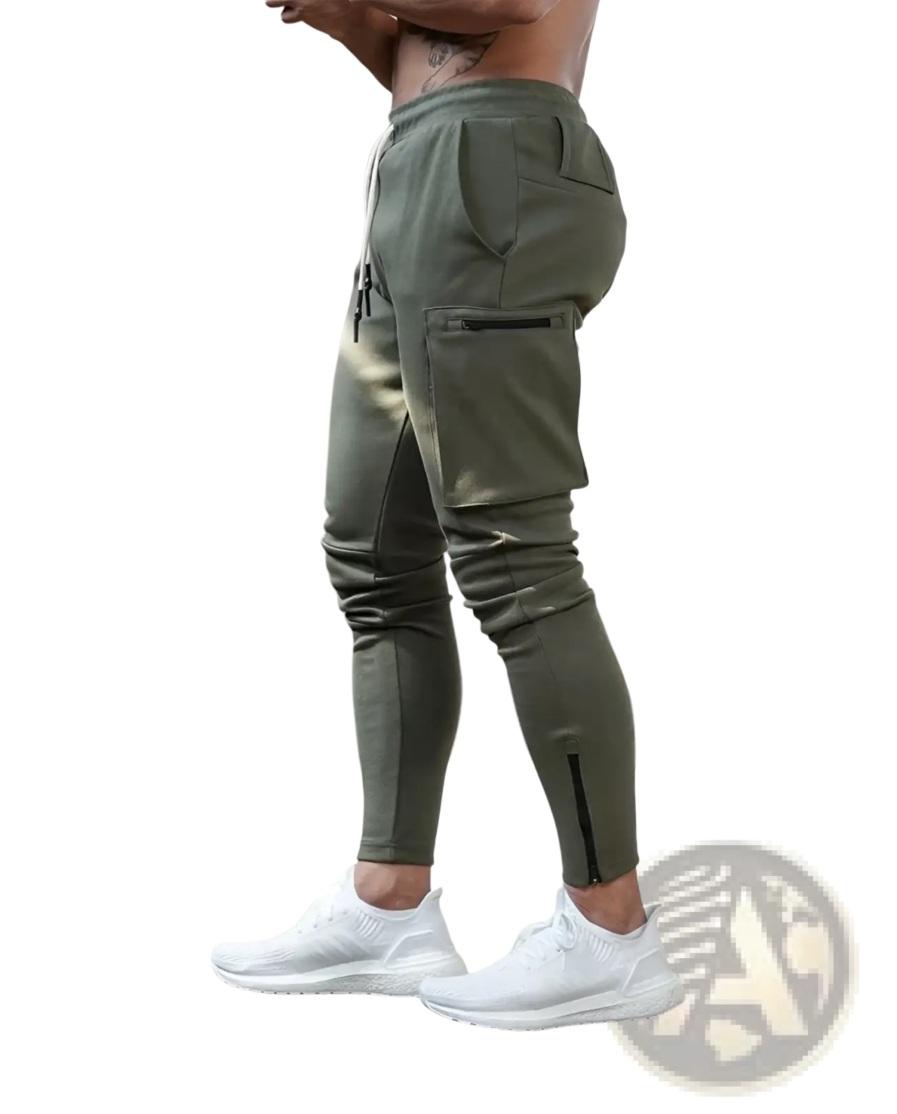 Men’s olive green cargo joggers with zippered pockets and drawstring waistband for fitness and casual wear