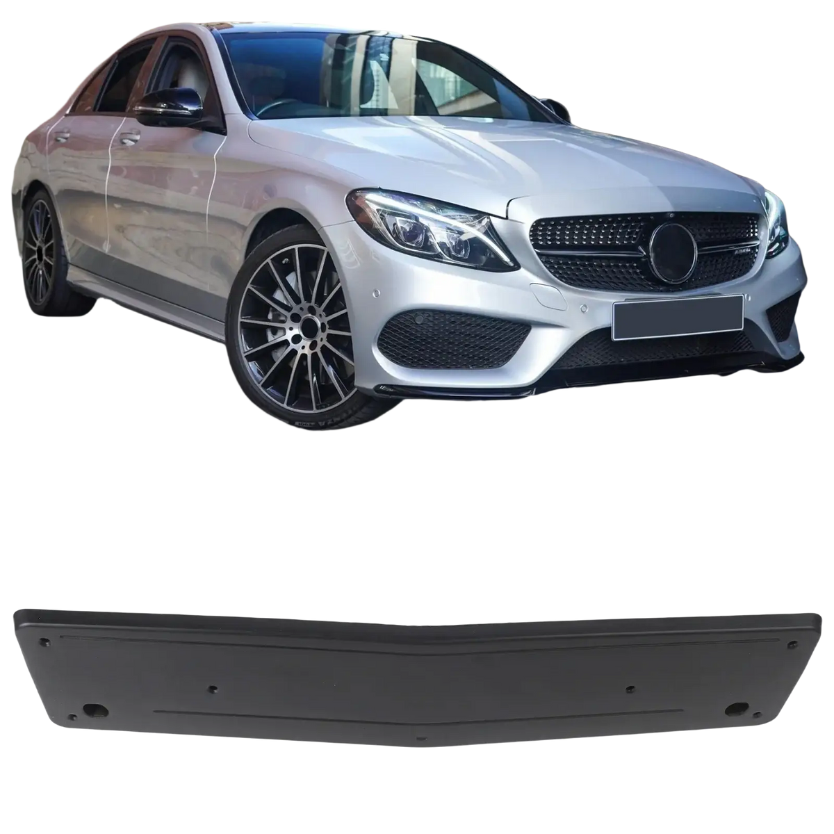 Black plastic rear bumper cover for silver mercedes-benz c-class w205 with front license plate mount a2058801644 shown from back side