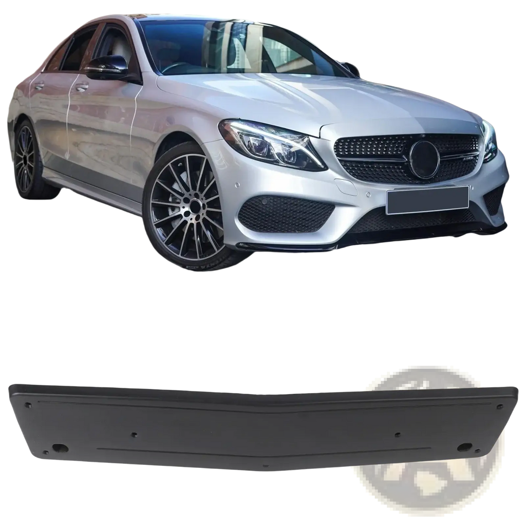 Black plastic rear bumper cover for silver mercedes-benz c-class w205 with front license plate mount a2058801644 shown from back side