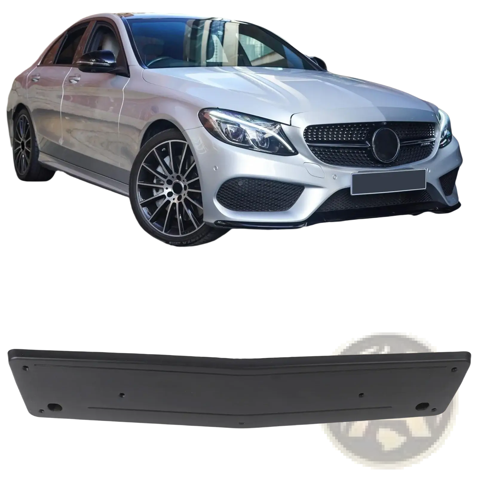 Black plastic rear bumper cover for silver mercedes-benz c-class w205 with front license plate mount a2058801644 shown from back side