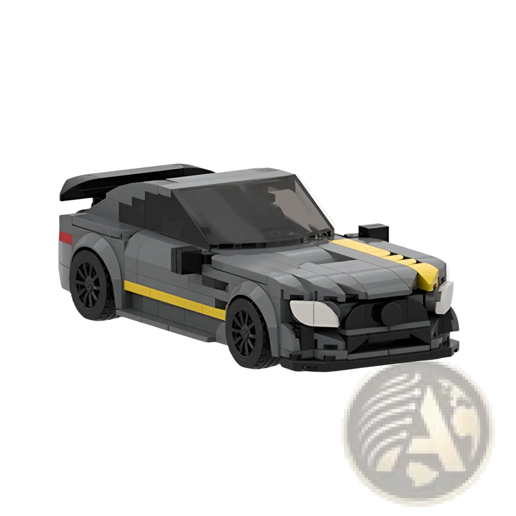 Gray and yellow Mercedes G63 off road racing lego car with black wheels and spoiler for building blocks set