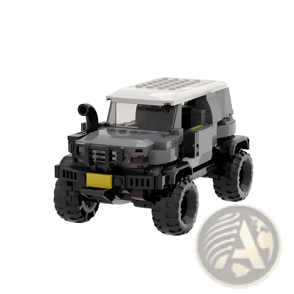 Black and gray lego Mercedes G63 off-road vehicle with rugged tires yellow license plate and white roof shown from back side