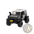 Black and gray lego Mercedes G63 off-road vehicle with rugged tires yellow license plate and white roof shown from back side