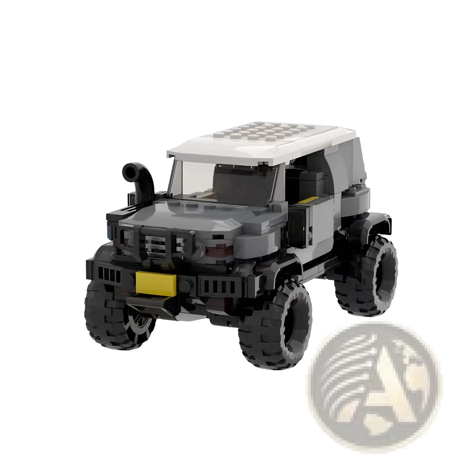 Black and gray lego Mercedes G63 off-road vehicle with rugged tires yellow license plate and white roof shown from back side