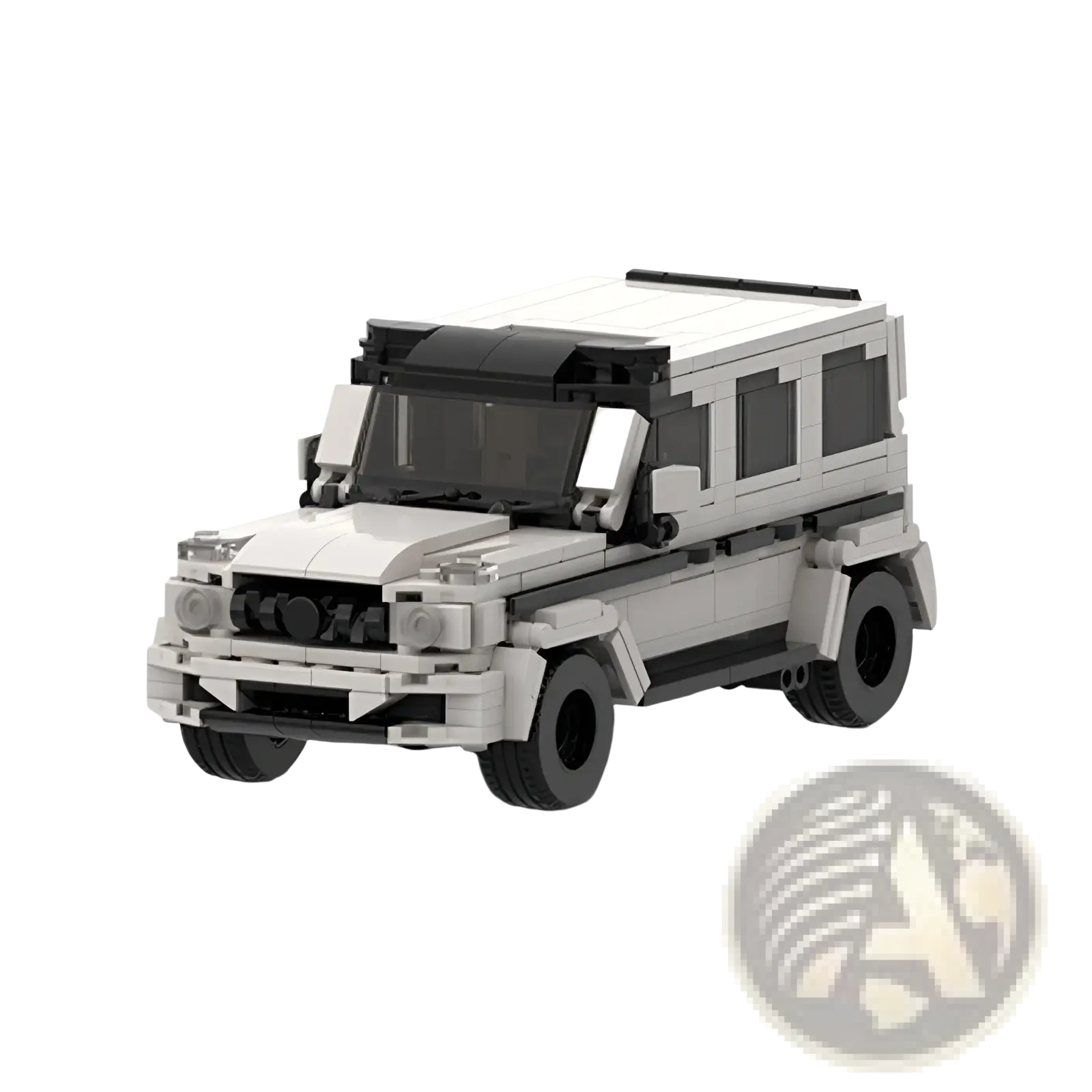 White and black lego technic model of mercedes benz g wagon for off road racing building blocks set back view