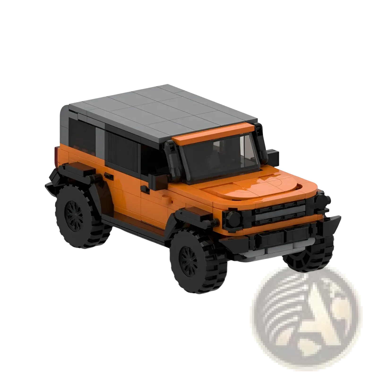 Orange and black lego-built Mercedes G63 off-road racing vehicle model showcasing detailed building blocks design
