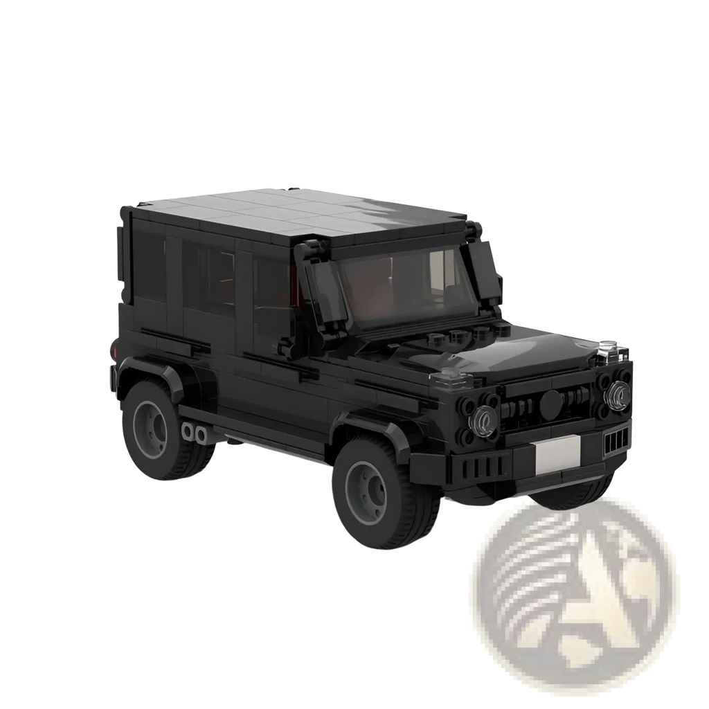 Black lego-style model of a mercedes-benz g-wagon from the mercedes g63 building blocks off road racing set