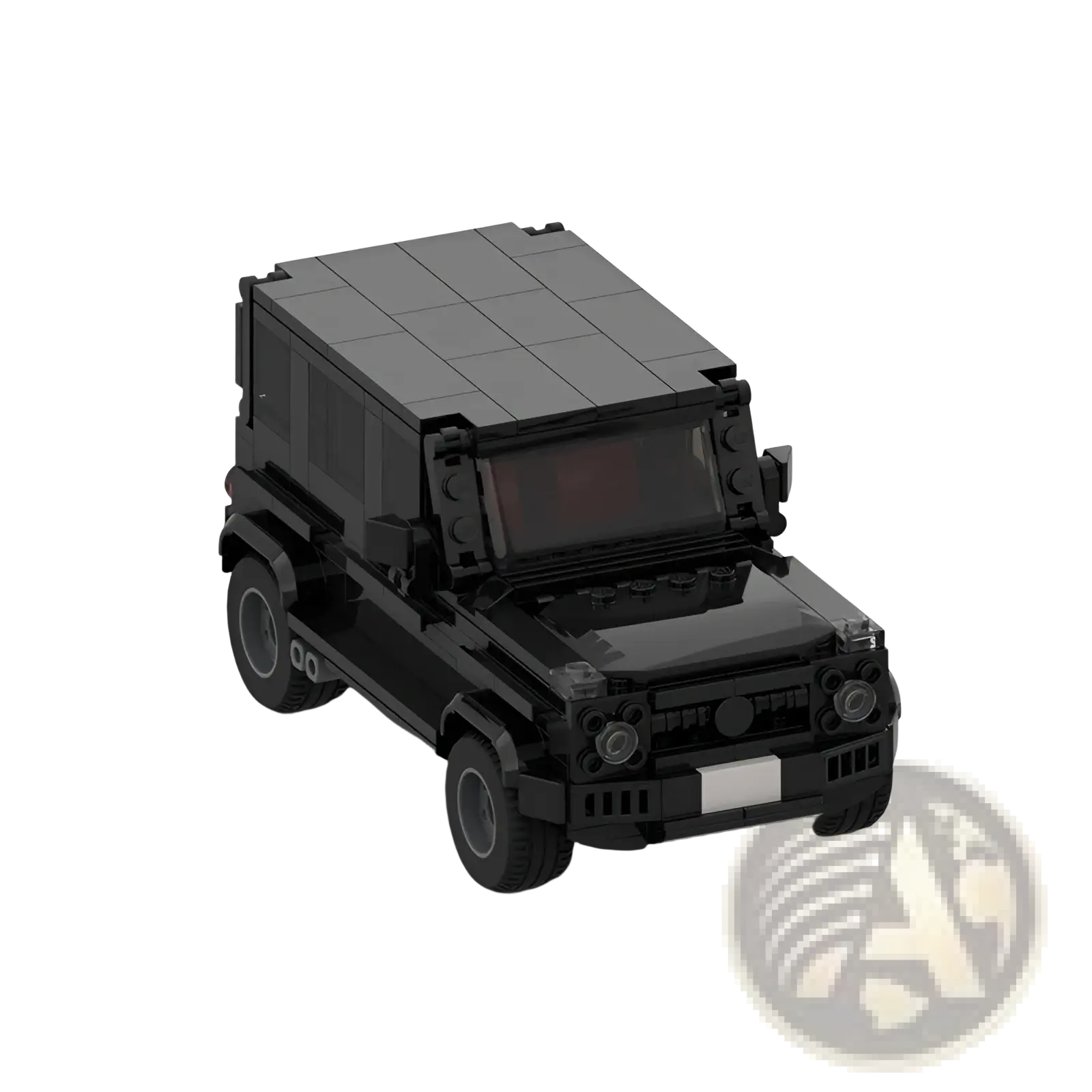Black lego technic mercedes g63 g-wagon model showing off-road racing design from the back side