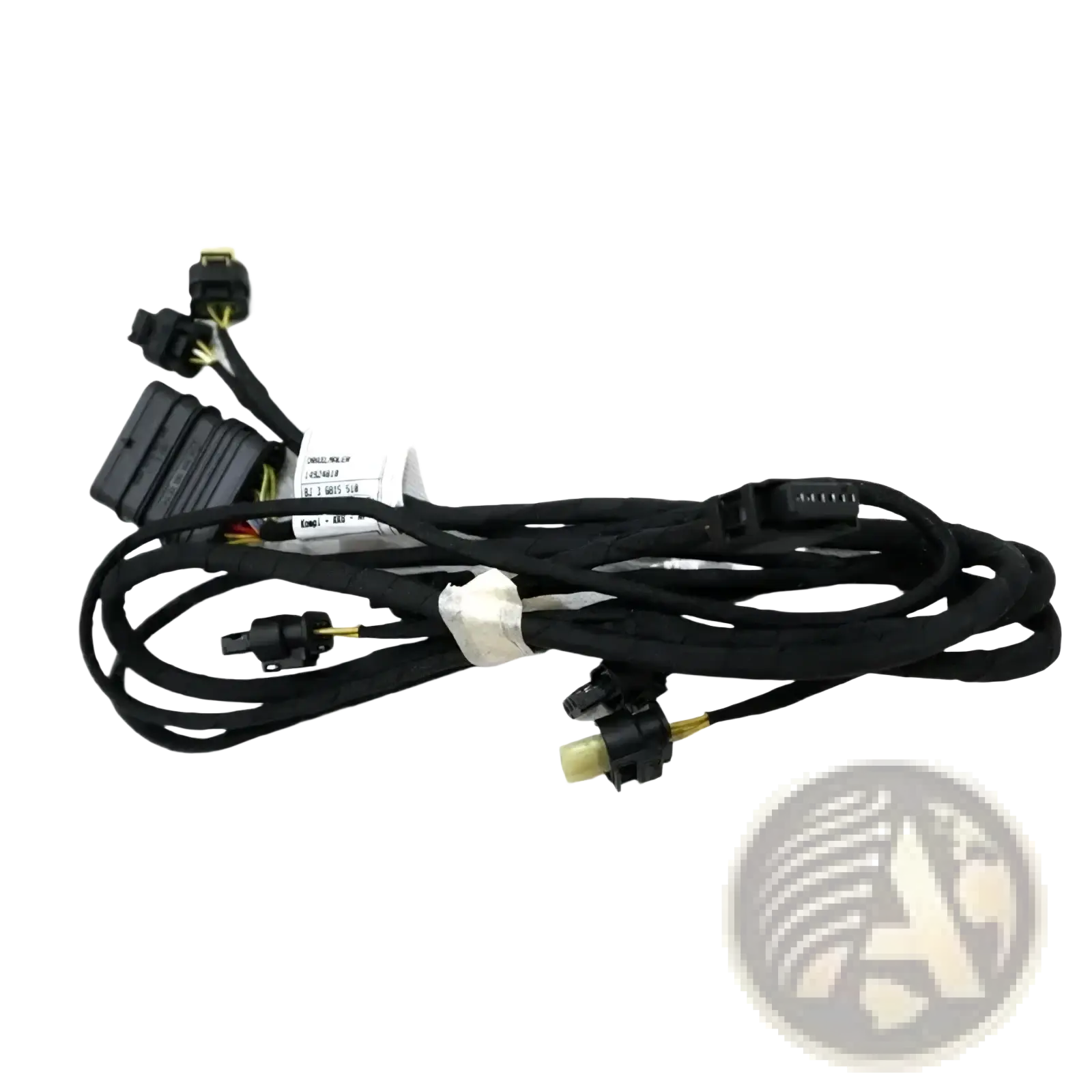 Black Mercedes W205 parking aid wiring harness with multiple connectors and white label for OEM 2055406435 use
