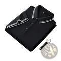 Black mercerized cotton polo shirt with white striped collar and button-down placket, summer breathable and loose fit