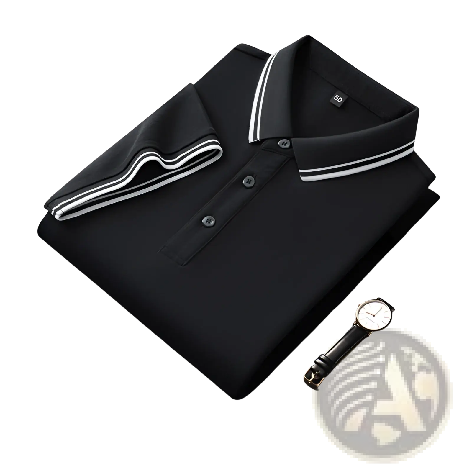 Black mercerized cotton polo shirt with white striped collar and button-down placket, summer breathable and loose fit
