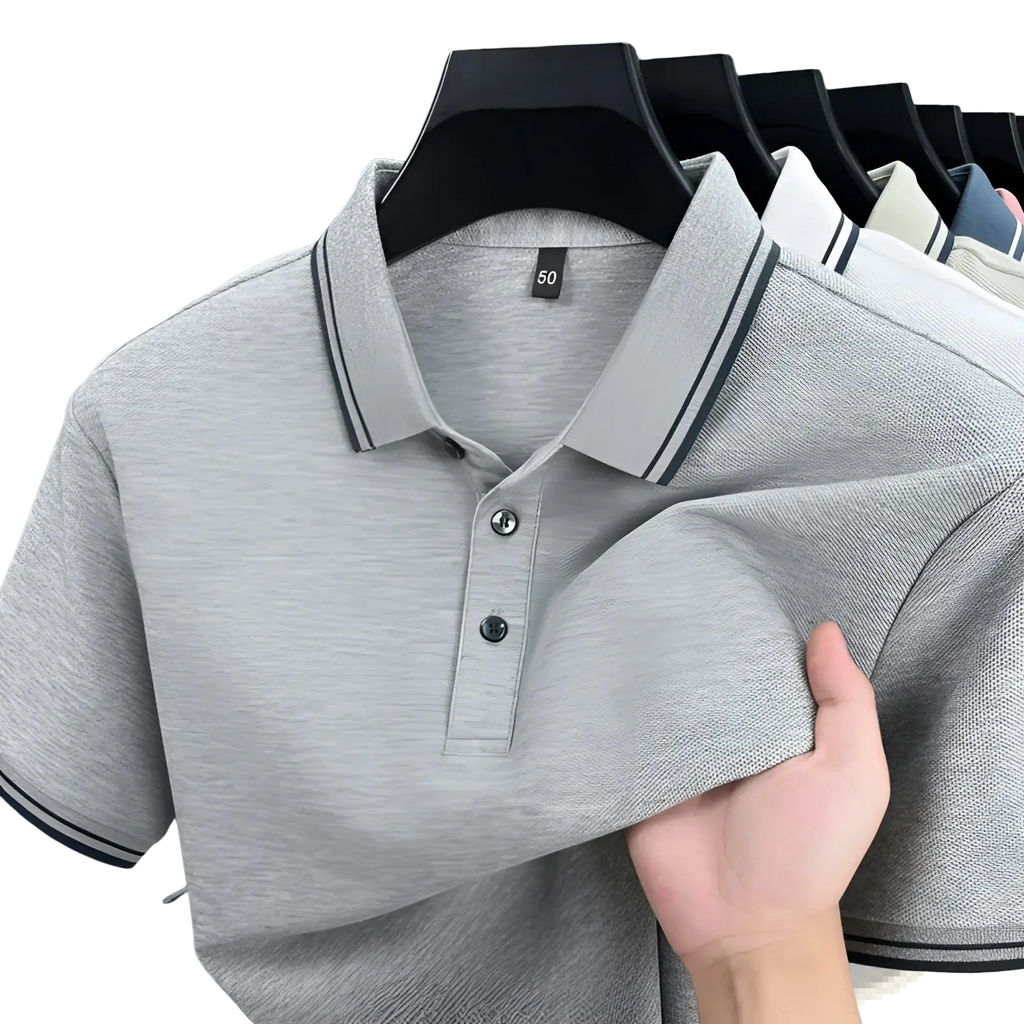 Gray mercerized cotton polo shirt with black trim collar and sleeves featuring a buttoned placket for summer wear
