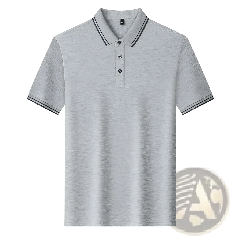 Gray heathered mercerized cotton polo shirt with black collar and sleeve trim, breathable and loose for summer wear