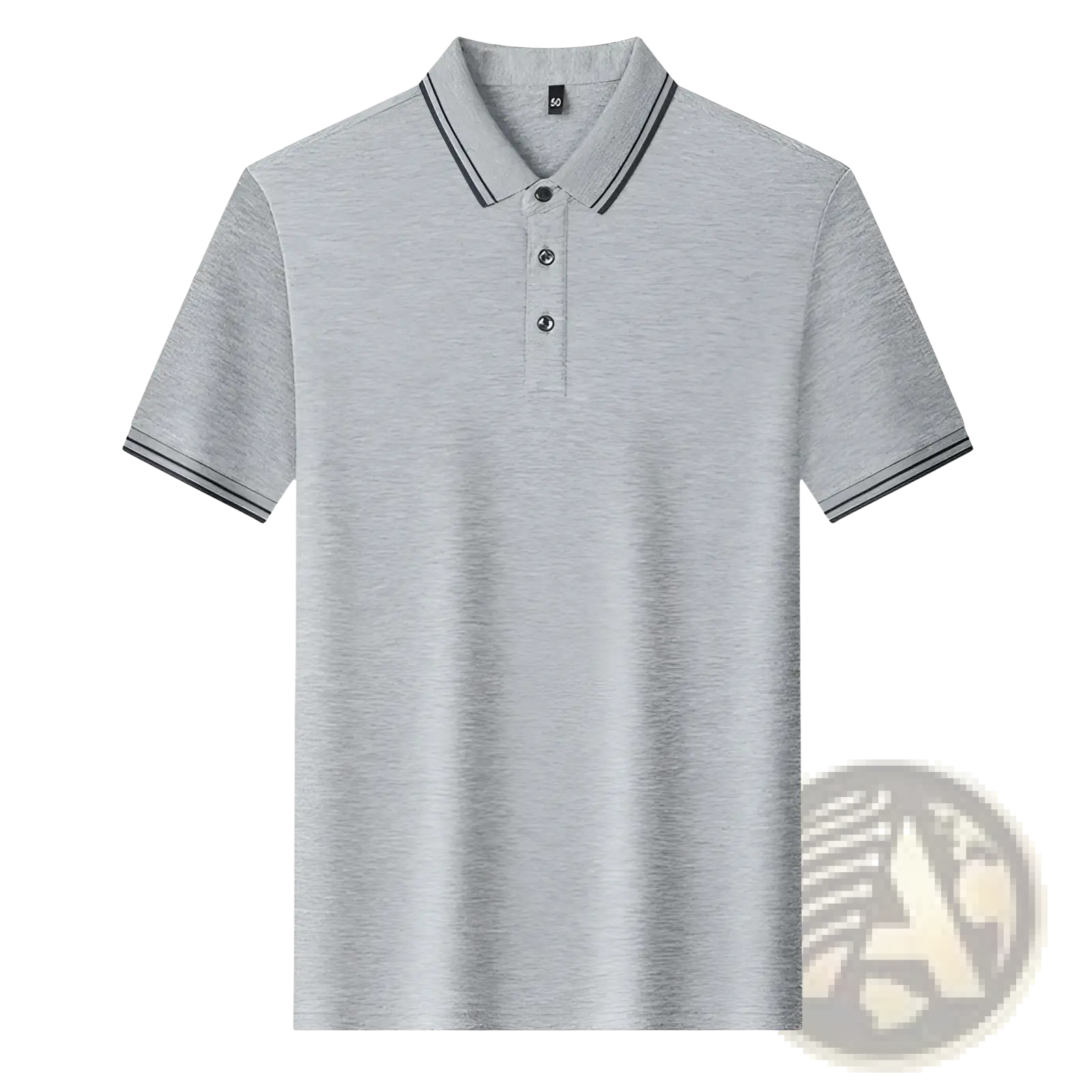 Gray heathered mercerized cotton polo shirt with black collar and sleeve trim, breathable and loose for summer wear