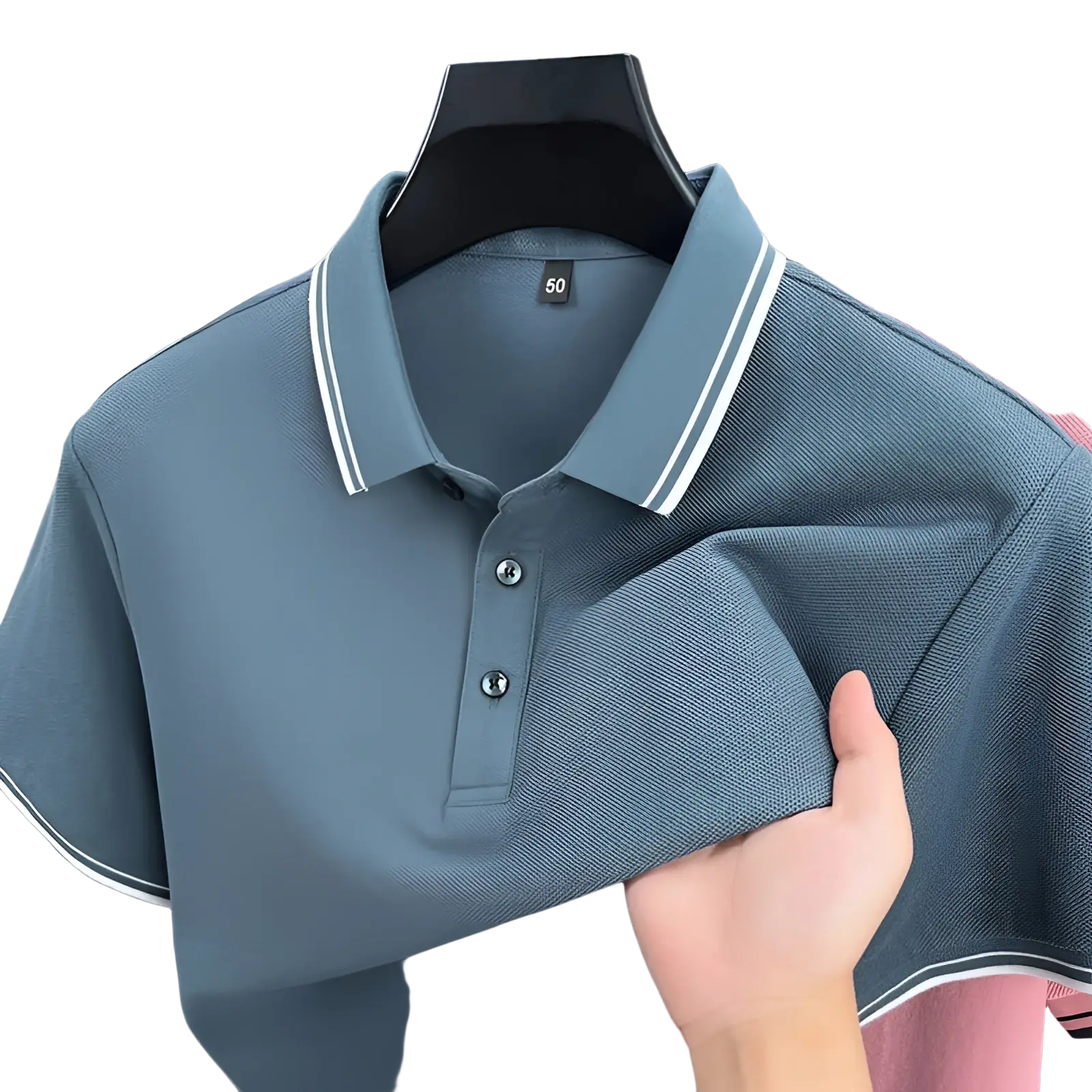 Blue mercerized cotton polo shirt with white striped collar and sleeve trim summer loose breathable design