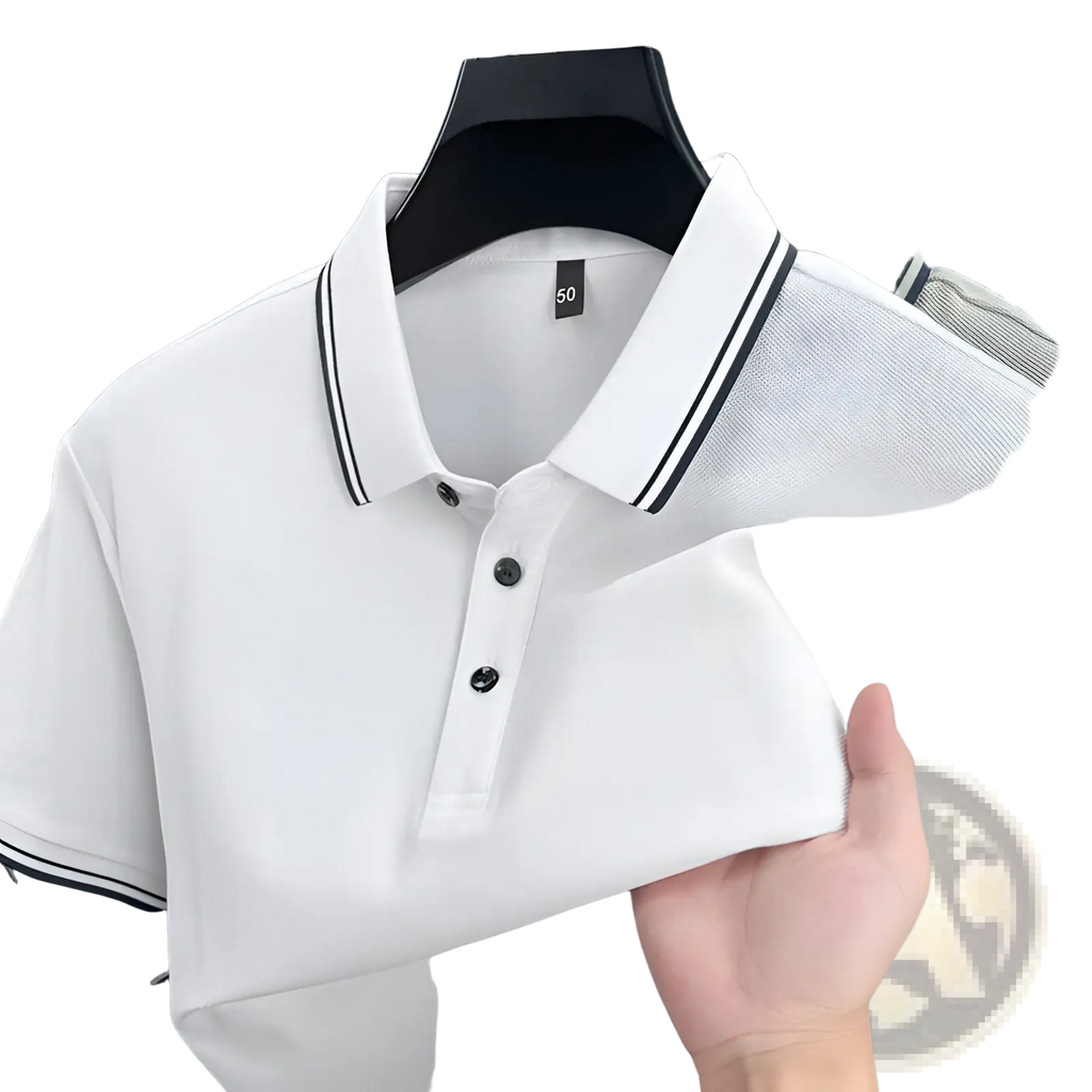 White mercerized cotton polo shirt with black trim and textured fabric designed for loose breathable summer wear