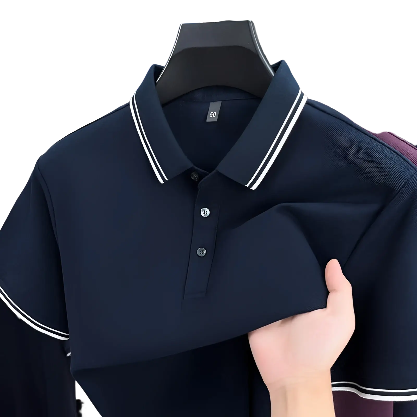 Dark navy blue mercerized cotton polo shirt with white pinstriped collar and sleeve trim in textured knit fabric