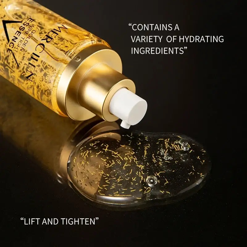 Golden-hued mercilen moisturizing facial serum 120ml transparent bottle with gold-toned pump and suspended golden particles