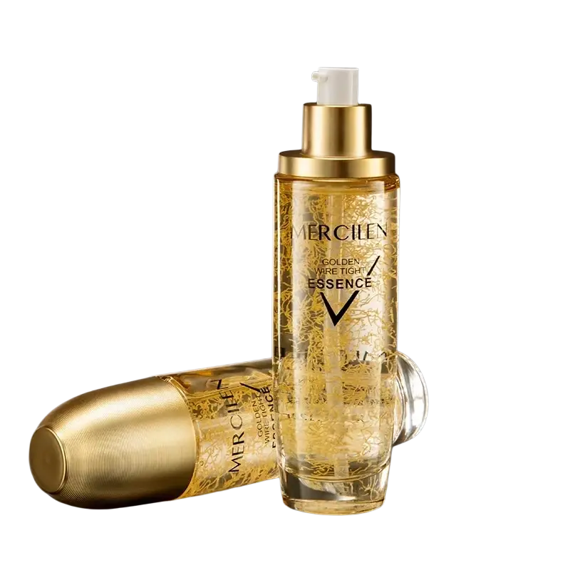 Golden-hued transparent glass bottle with gold-tone pump containing mercilen golden wire tight moisturizing facial serum 120ml