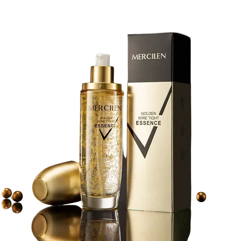 Mercilen moisturizing facial serum 120ml in transparent glass bottle with gold pump and golden wire particles suspended
