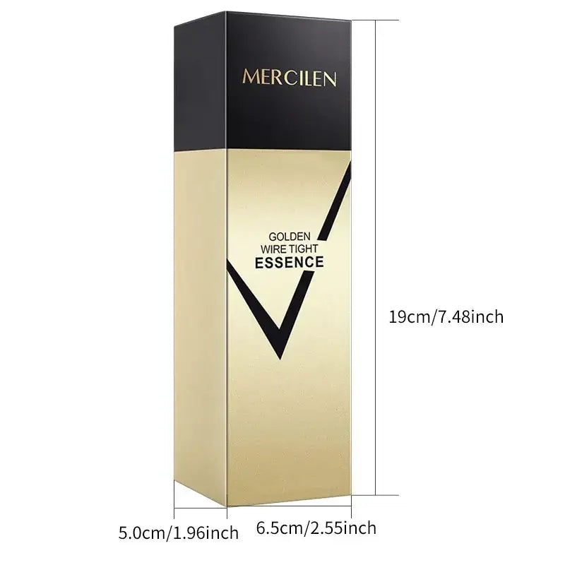 Mercilen moisturizing facial serum 120ml in a sleek tall gold and black bottle with bold v-shaped design