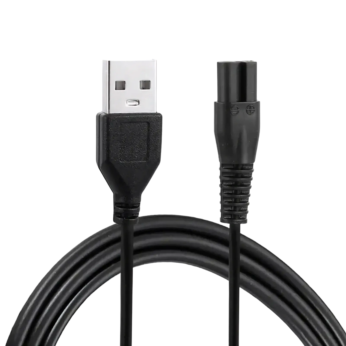 Black usb charging cable for Meridian electric shaver with standard usb-a connector and ribbed cylindrical plug