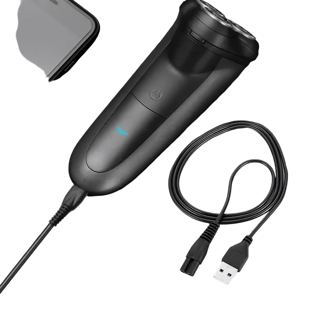 Black Meridian electric shaver with glowing blue power indicator and USB charging cable for replacement use